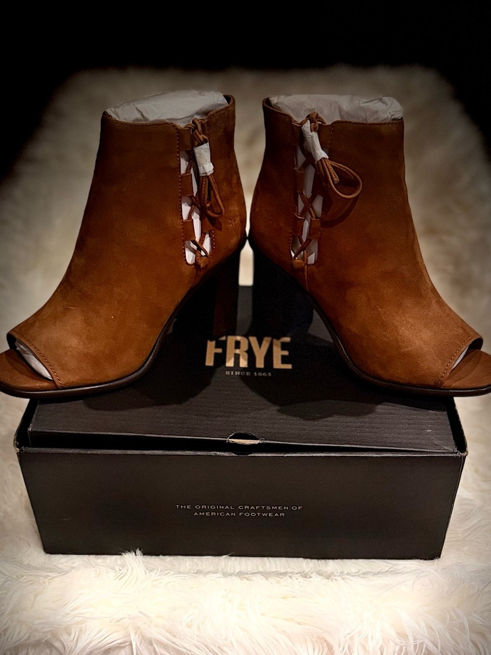 Frye Tan Suede Open-Toe Lace-Up Ankle Boots